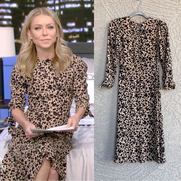 REFORMATION Tan & Black Spotted Leopard Print Tie Sleeve Port Blitz Midi Dress - Picture 7 of 12